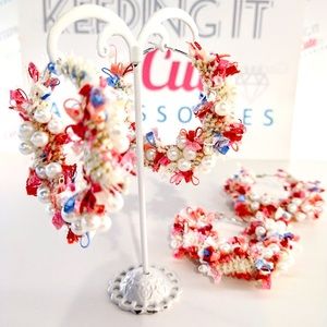 Pink Tweed Fringe + Pearl Earrings